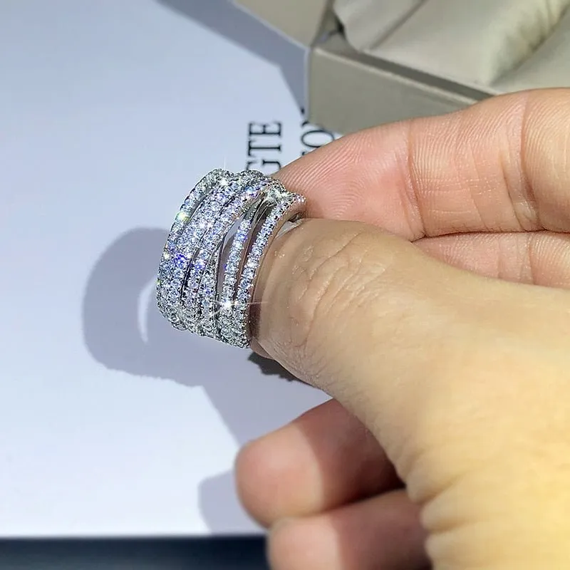 Inlaid White Sapphire Engagement Ring For Women silver Eternity Band Jewelry