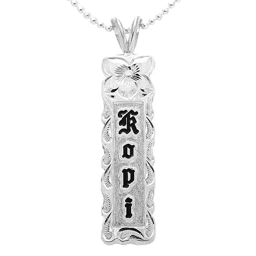 Sterling Silver Custom-Made Plumeria Queen Scroll Black Enamel Raise Letter Cut Out Edge Vertical Pendant