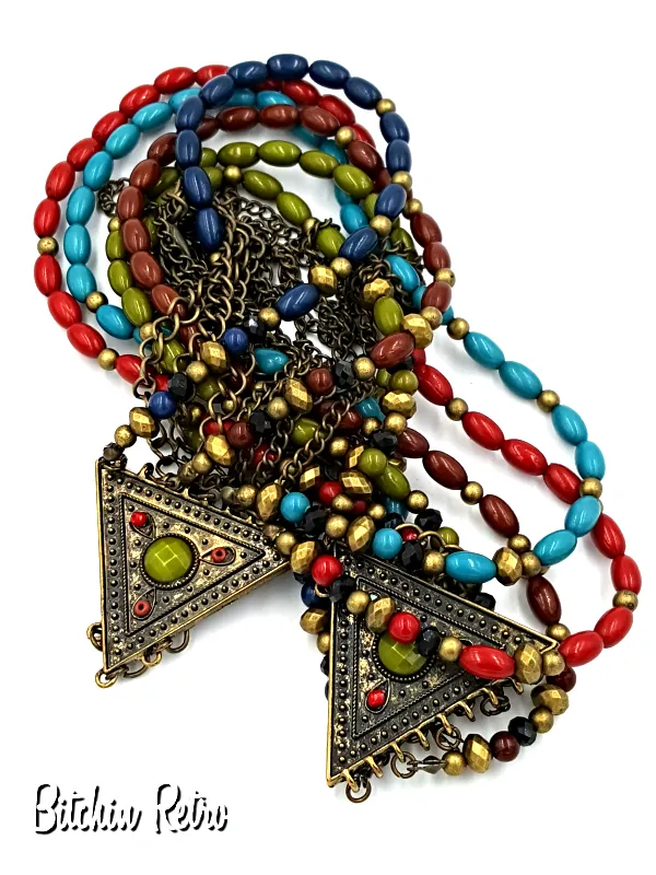 You and I Bohemian Necklace with 9 Strands of Beads and Chains in Autumn Hues