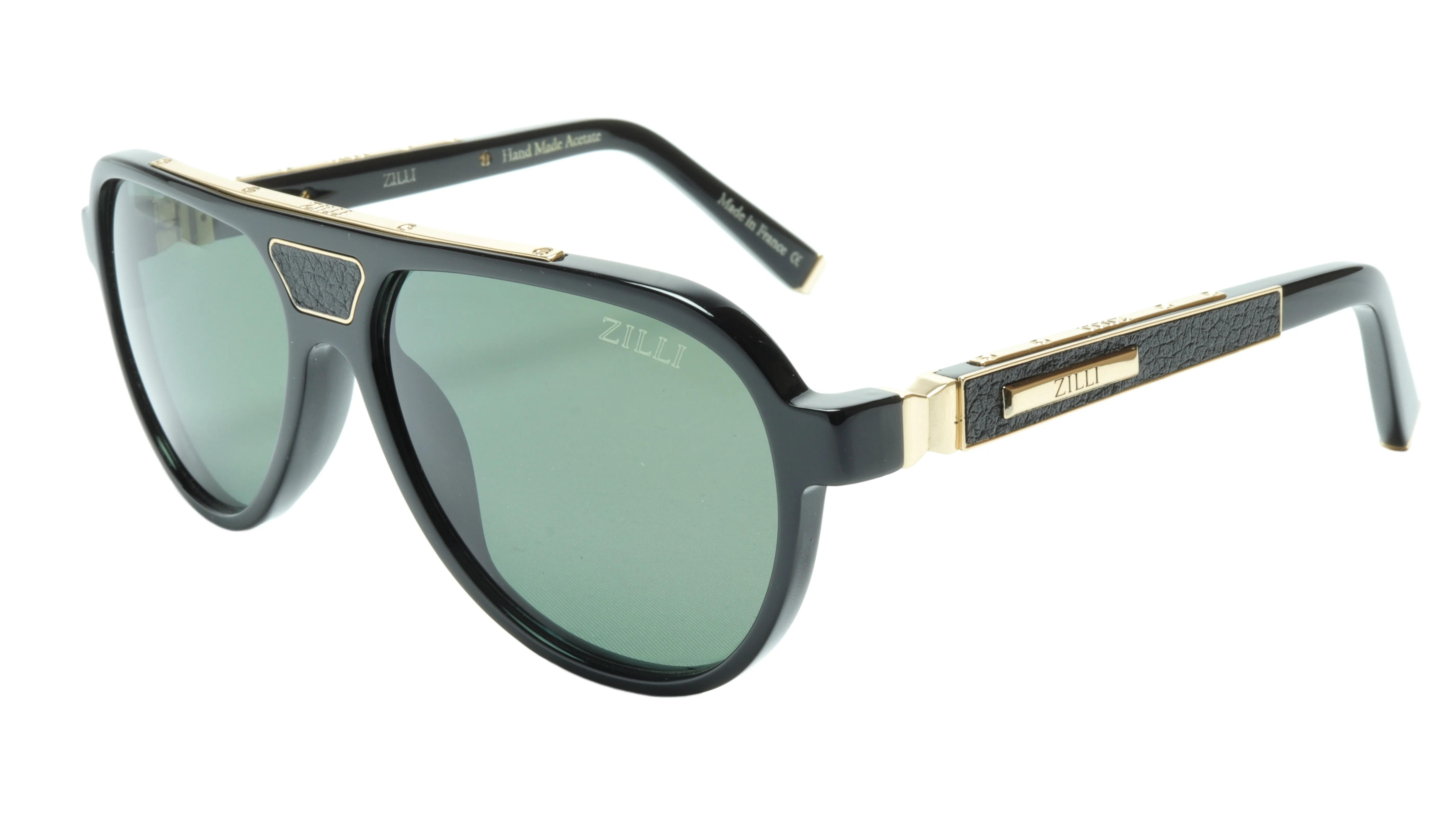 ZILLI Aviator Sunglasses with Green Lens and Black and Gold Frames